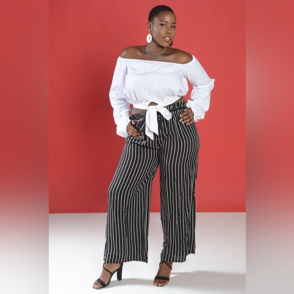 M7) SHEIN Plus Size 4XL Black & White Vertical Striped Wide Leg Pants